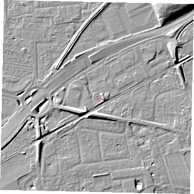 Shaded relief map of the ground around TW165BE, computed from Environment Agency LiDAR. The ground here sits at about 12 m above sea level and falls 12 m across the surrounding 800 m. Surface water reaching this point runs off ground lying to the east-south-east, 2.1 m higher.