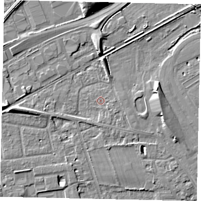 Shaded relief map of the ground around TW165BP, computed from Environment Agency LiDAR. The ground here sits at about 12 m above sea level and falls 10 m across the surrounding 800 m. Surface water reaching this point runs off ground lying to the south-east, 1.0 m higher.