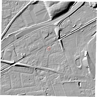 Shaded relief map of the ground around TW165BS, computed from Environment Agency LiDAR. The ground here sits at about 12 m above sea level and falls 10 m across the surrounding 800 m. Surface water reaching this point runs off ground lying to the north-east, 5.5 m higher.