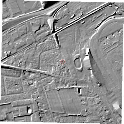 Shaded relief map of the ground around TW165BU, computed from Environment Agency LiDAR. The ground here sits at about 12 m above sea level and falls 9 m across the surrounding 800 m. Surface water reaching this point runs off ground lying to the south, 0.9 m higher.