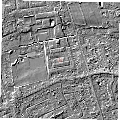 Shaded relief map of the ground around TW165BY, computed from Environment Agency LiDAR. The ground here sits at about 12 m above sea level and falls 4 m across the surrounding 800 m. Surface water reaching this point runs off ground lying to the west-south-west, 0.9 m higher.