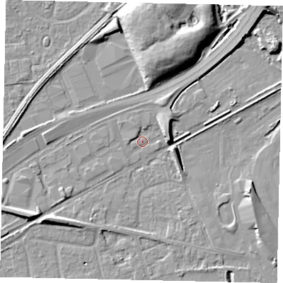 Shaded relief map of the ground around TW165BZ, computed from Environment Agency LiDAR. The ground here sits at about 12 m above sea level and falls 10 m across the surrounding 800 m. Surface water reaching this point runs off ground lying to the east, 4.7 m higher.