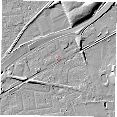 Shaded relief map of the ground around TW165DB, computed from Environment Agency LiDAR. The ground here sits at about 12 m above sea level and falls 10 m across the surrounding 800 m. Surface water reaching this point runs off ground lying to the north-north-east, 10.5 m higher.