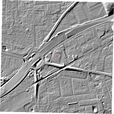 Shaded relief map of the ground around TW165DJ, computed from Environment Agency LiDAR. The ground here sits at about 12 m above sea level and falls 12 m across the surrounding 800 m. The ground contributing surface water to this point lies to the east.