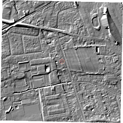 Shaded relief map of the ground around TW165EH, computed from Environment Agency LiDAR. The ground here sits at about 12 m above sea level and falls 8 m across the surrounding 800 m. Surface water reaching this point runs off ground lying to the north-west, 6.3 m higher.