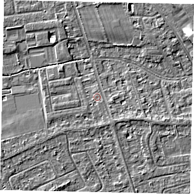 Shaded relief map of the ground around TW165EQ, computed from Environment Agency LiDAR. The ground here sits at about 12 m above sea level and falls 6 m across the surrounding 800 m. Surface water reaching this point runs off ground lying to the south-east, 1.1 m higher.