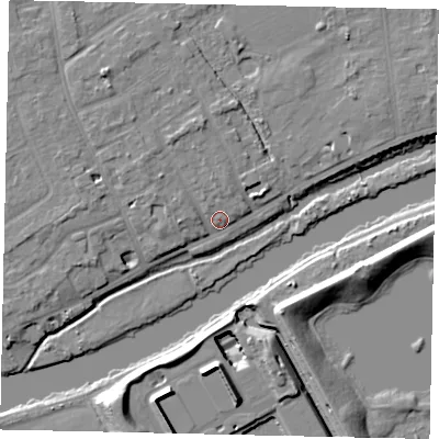 Shaded relief map of the ground around TW165PH, computed from Environment Agency LiDAR. The ground here sits at about 10 m above sea level and falls 11 m across the surrounding 800 m. Surface water reaching this point runs off ground lying to the north-north-west, 2.4 m higher.