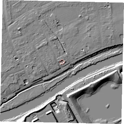 Shaded relief map of the ground around TW165PJ, computed from Environment Agency LiDAR. The ground here sits at about 9 m above sea level and falls 11 m across the surrounding 800 m. Surface water reaching this point runs off ground lying to the north-west, 4.3 m higher.