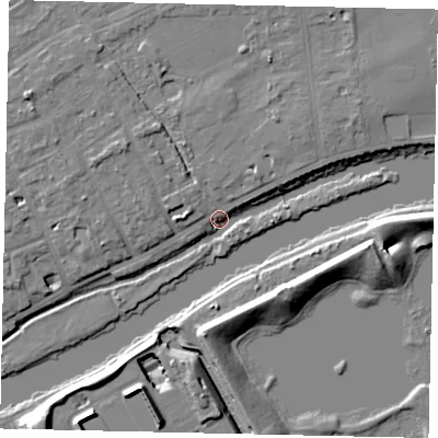 Shaded relief map of the ground around TW165PN, computed from Environment Agency LiDAR. The ground here sits at about 8 m above sea level and falls 11 m across the surrounding 800 m. Surface water reaching this point runs off ground lying to the west-north-west, 7.1 m higher.