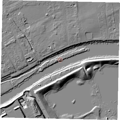 Shaded relief map of the ground around TW165PP, computed from Environment Agency LiDAR. The ground here sits at about 8 m above sea level and falls 10 m across the surrounding 800 m. Surface water reaching this point runs off ground lying to the south, 9.4 m higher.