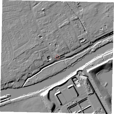 Shaded relief map of the ground around TW165PQ, computed from Environment Agency LiDAR. The ground here sits at about 10 m above sea level and falls 11 m across the surrounding 800 m. Surface water reaching this point runs off ground lying to the north-north-west, 5.5 m higher.