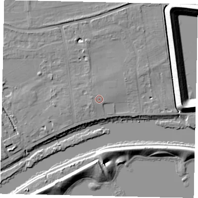 Shaded relief map of the ground around TW165PS, computed from Environment Agency LiDAR. The ground here sits at about 12 m above sea level and falls 12 m across the surrounding 800 m. The ground contributing surface water to this point lies to the north-west.