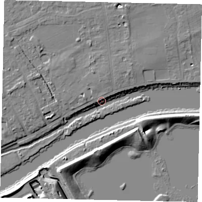 Shaded relief map of the ground around TW165PW, computed from Environment Agency LiDAR. The ground here sits at about 10 m above sea level and falls 10 m across the surrounding 800 m. Surface water reaching this point runs off ground lying to the north-north-east, 6.5 m higher.