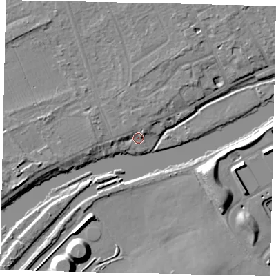 Shaded relief map of the ground around TW165QP, computed from Environment Agency LiDAR. The ground here sits at about 9 m above sea level and falls 11 m across the surrounding 800 m. Surface water reaching this point runs off ground lying to the north-north-west, 3.2 m higher.