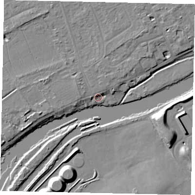 Shaded relief map of the ground around TW165QS, computed from Environment Agency LiDAR. The ground here sits at about 9 m above sea level and falls 11 m across the surrounding 800 m. Surface water reaching this point runs off ground lying to the north-east, 4.2 m higher.