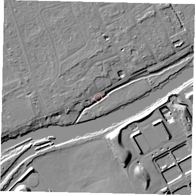 Shaded relief map of the ground around TW165QY, computed from Environment Agency LiDAR. The ground here sits at about 10 m above sea level and falls 11 m across the surrounding 800 m. Surface water reaching this point runs off ground lying to the north, 3.7 m higher.