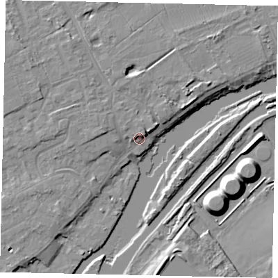 Shaded relief map of the ground around TW166AA, computed from Environment Agency LiDAR. The ground here sits at about 10 m above sea level and falls 12 m across the surrounding 800 m. Surface water reaching this point runs off ground lying to the west, 2.7 m higher.
