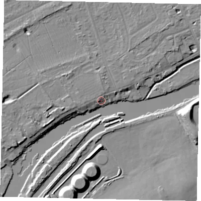 Shaded relief map of the ground around TW166AF, computed from Environment Agency LiDAR. The ground here sits at about 10 m above sea level and falls 11 m across the surrounding 800 m. Surface water reaching this point runs off ground lying to the west, 5.3 m higher.