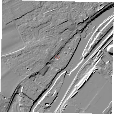 Shaded relief map of the ground around TW166AH, computed from Environment Agency LiDAR. The ground here sits at about 8 m above sea level and falls 12 m across the surrounding 800 m. Surface water reaching this point runs off ground lying to the west-north-west, 3.6 m higher.