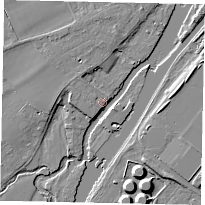Shaded relief map of the ground around TW166AP, computed from Environment Agency LiDAR. The ground here sits at about 11 m above sea level and falls 12 m across the surrounding 800 m. Surface water reaching this point runs off ground lying to the east, 9.8 m higher.
