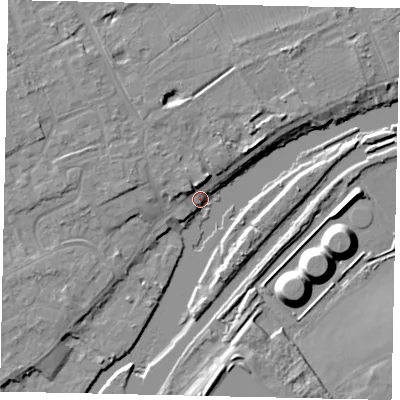 Shaded relief map of the ground around TW166AQ, computed from Environment Agency LiDAR. The ground here sits at about 9 m above sea level and falls 12 m across the surrounding 800 m. Surface water reaching this point runs off ground lying to the north, 6.8 m higher.