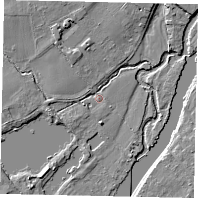 Shaded relief map of the ground around TW166AR, computed from Environment Agency LiDAR. The ground here sits at about 9 m above sea level and falls 6 m across the surrounding 800 m. Surface water reaching this point runs off ground lying to the west-south-west, 3.4 m higher.