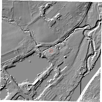 Shaded relief map of the ground around TW166AT, computed from Environment Agency LiDAR. The ground here sits at about 9 m above sea level and falls 8 m across the surrounding 800 m. Surface water reaching this point runs off ground lying to the south, 1.4 m higher.