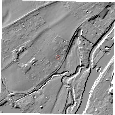 Shaded relief map of the ground around TW166AX, computed from Environment Agency LiDAR. The ground here sits at about 10 m above sea level and falls 12 m across the surrounding 800 m. Surface water reaching this point runs off ground lying to the north, 3.2 m higher.