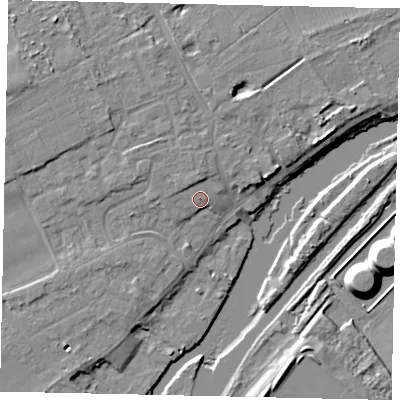 Shaded relief map of the ground around TW166BB, computed from Environment Agency LiDAR. The ground here sits at about 11 m above sea level and falls 12 m across the surrounding 800 m. Surface water reaching this point runs off ground lying to the north, 1.5 m higher.