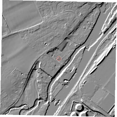 Shaded relief map of the ground around TW166BT, computed from Environment Agency LiDAR. The ground here sits at about 9 m above sea level and falls 12 m across the surrounding 800 m. Surface water reaching this point runs off ground lying to the west-north-west, 3.5 m higher.