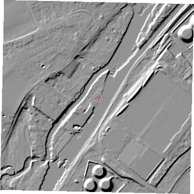 Shaded relief map of the ground around TW166BU, computed from Environment Agency LiDAR. The ground here sits at about 9 m above sea level and falls 12 m across the surrounding 800 m. Surface water reaching this point runs off ground lying to the south, 6.0 m higher.