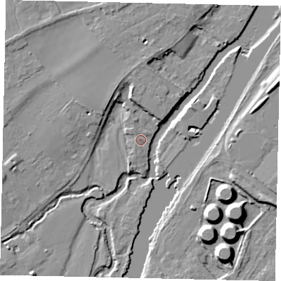 Shaded relief map of the ground around TW166BY, computed from Environment Agency LiDAR. The ground here sits at about 9 m above sea level and falls 12 m across the surrounding 800 m. Surface water reaching this point runs off ground lying to the north-north-west, 1.1 m higher.