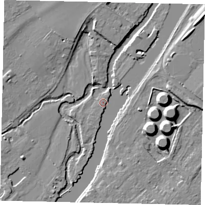 Shaded relief map of the ground around TW166DA, computed from Environment Agency LiDAR. The ground here sits at about 9 m above sea level and falls 12 m across the surrounding 800 m. Surface water reaching this point runs off ground lying to the south-east, 10.0 m higher.