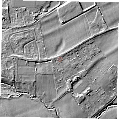Shaded relief map of the ground around TW166DN, computed from Environment Agency LiDAR. The ground here sits at about 12 m above sea level and falls 7 m across the surrounding 800 m. Surface water reaching this point runs off ground lying to the west, 0.8 m higher.