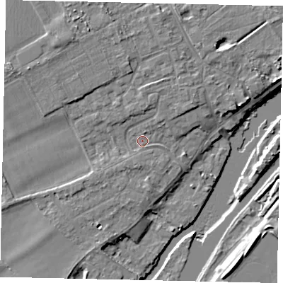 Shaded relief map of the ground around TW166DR, computed from Environment Agency LiDAR. The ground here sits at about 10 m above sea level and falls 9 m across the surrounding 800 m. Surface water reaching this point runs off ground lying to the north-north-west, 3.4 m higher.