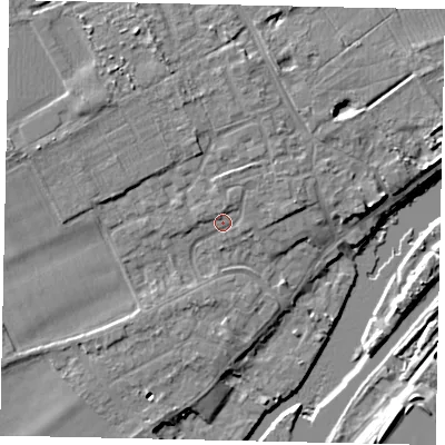 Shaded relief map of the ground around TW166EJ, computed from Environment Agency LiDAR. The ground here sits at about 11 m above sea level and falls 9 m across the surrounding 800 m. Surface water reaching this point runs off ground lying to the north-north-east, 2.0 m higher.