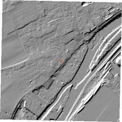 Shaded relief map of the ground around TW166EP, computed from Environment Agency LiDAR. The ground here sits at about 10 m above sea level and falls 12 m across the surrounding 800 m. Surface water reaching this point runs off ground lying to the west, 1.5 m higher.