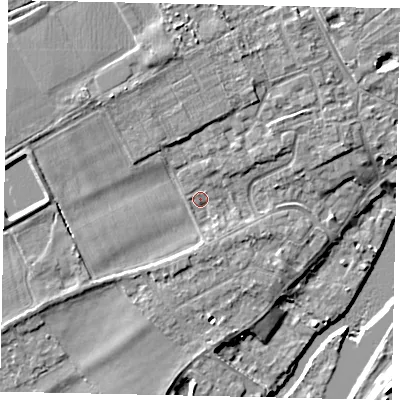 Shaded relief map of the ground around TW166EW, computed from Environment Agency LiDAR. The ground here sits at about 10 m above sea level and falls 9 m across the surrounding 800 m. Surface water reaching this point runs off ground lying to the north-north-east, 3.6 m higher.