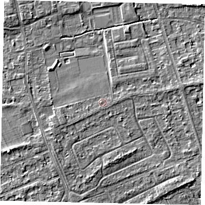 Shaded relief map of the ground around TW166JE, computed from Environment Agency LiDAR. The ground here sits at about 12 m above sea level and falls 4 m across the surrounding 800 m. Surface water reaching this point runs off ground lying to the south-west, 0.6 m higher.