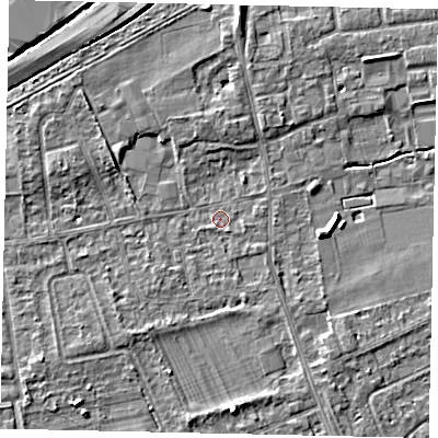 Shaded relief map of the ground around TW166LA, computed from Environment Agency LiDAR. The ground here sits at about 11 m above sea level and falls 5 m across the surrounding 800 m. Surface water reaching this point runs off ground lying to the south-west, 0.8 m higher.