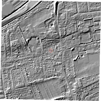 Shaded relief map of the ground around TW166LB, computed from Environment Agency LiDAR. The ground here sits at about 11 m above sea level and falls 7 m across the surrounding 800 m. Surface water reaching this point runs off ground lying to the west-north-west, 2.7 m higher.