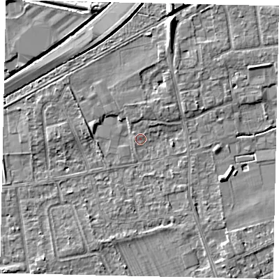 Shaded relief map of the ground around TW166LD, computed from Environment Agency LiDAR. The ground here sits at about 11 m above sea level and falls 7 m across the surrounding 800 m. Surface water reaching this point runs off ground lying to the north, 2.0 m higher.
