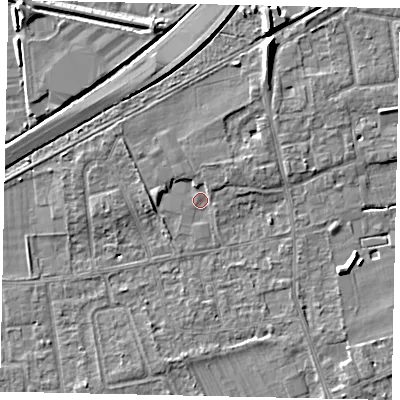 Shaded relief map of the ground around TW166LF, computed from Environment Agency LiDAR. The ground here sits at about 11 m above sea level and falls 7 m across the surrounding 800 m. Surface water reaching this point runs off ground lying to the north-east, 1.8 m higher.