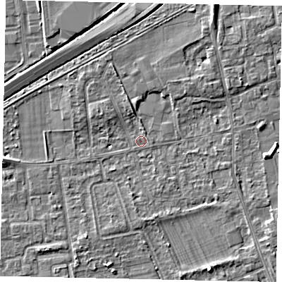 Shaded relief map of the ground around TW166LG, computed from Environment Agency LiDAR. The ground here sits at about 11 m above sea level and falls 5 m across the surrounding 800 m. Surface water reaching this point runs off ground lying to the north-north-west, 2.7 m higher.