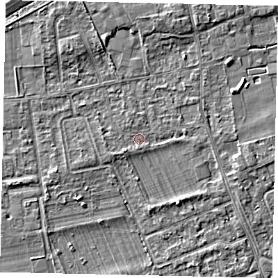 Shaded relief map of the ground around TW166LL, computed from Environment Agency LiDAR. The ground here sits at about 11 m above sea level and falls 4 m across the surrounding 800 m. Surface water reaching this point runs off ground lying to the south-west, 1.2 m higher.
