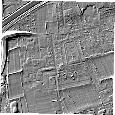 Shaded relief map of the ground around TW166LP, computed from Environment Agency LiDAR. The ground here sits at about 12 m above sea level and falls 9 m across the surrounding 800 m. Surface water reaching this point runs off ground lying to the south-east, 1.4 m higher.