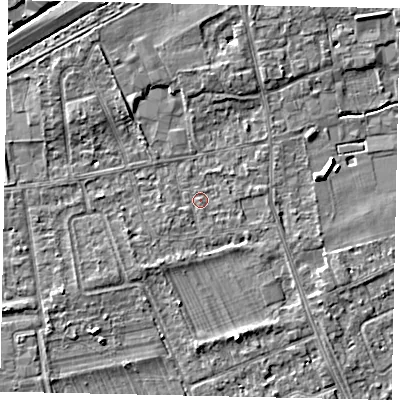 Shaded relief map of the ground around TW166LQ, computed from Environment Agency LiDAR. The ground here sits at about 11 m above sea level and falls 4 m across the surrounding 800 m. Surface water reaching this point runs off ground lying to the south-south-west, 1.5 m higher.