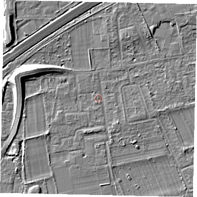 Shaded relief map of the ground around TW166LR, computed from Environment Agency LiDAR. The ground here sits at about 12 m above sea level and falls 10 m across the surrounding 800 m. Surface water reaching this point runs off ground lying to the west-north-west, 7.8 m higher.