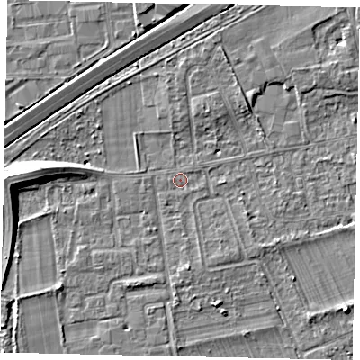 Shaded relief map of the ground around TW166LW, computed from Environment Agency LiDAR. The ground here sits at about 11 m above sea level and falls 9 m across the surrounding 800 m. Surface water reaching this point runs off ground lying to the west, 7.8 m higher.