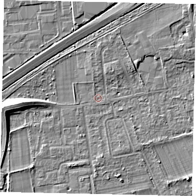 Shaded relief map of the ground around TW166LY, computed from Environment Agency LiDAR. The ground here sits at about 11 m above sea level and falls 9 m across the surrounding 800 m. Surface water reaching this point runs off ground lying to the west, 8.7 m higher.